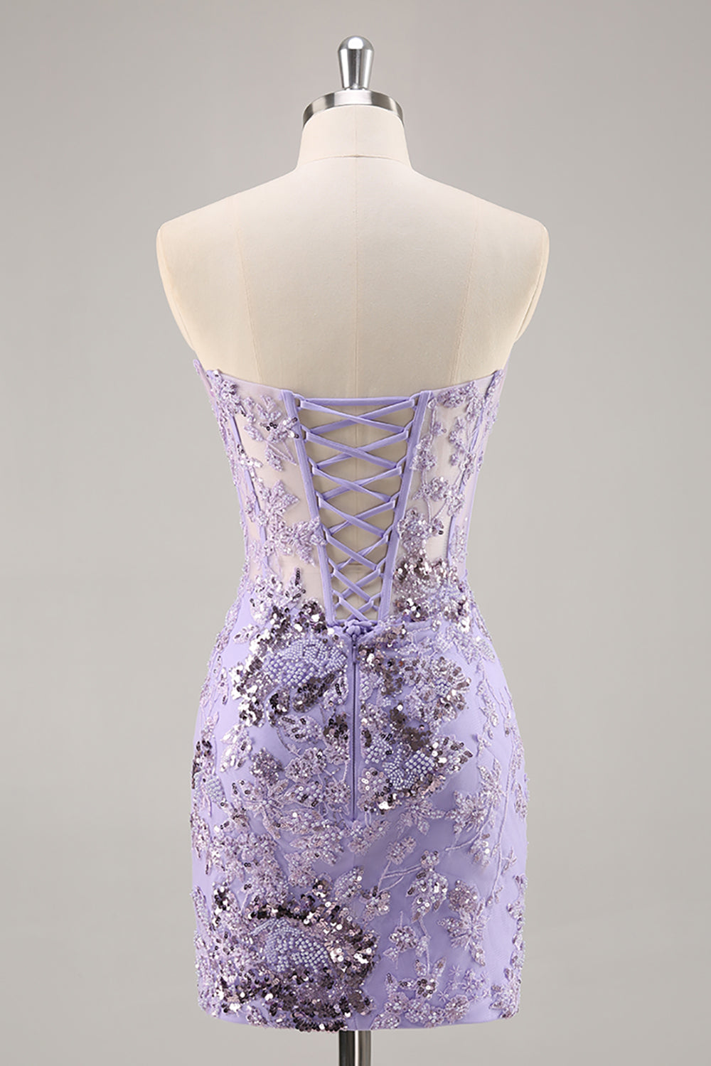 Sparkly Purple Corset Sequin Floral Mini Homecoming Dress with Beading