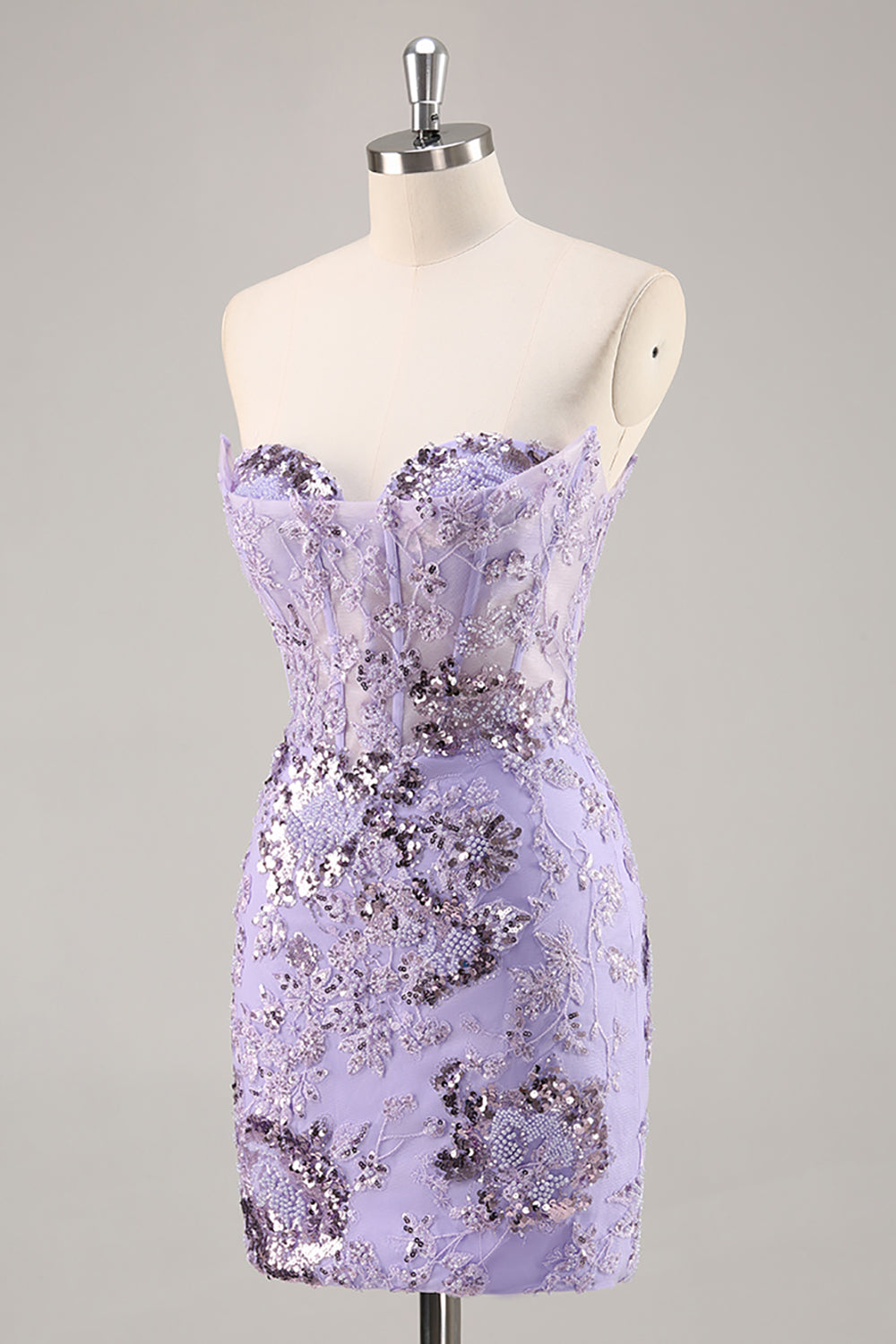 Sparkly Purple Corset Sequin Floral Mini Homecoming Dress with Beading