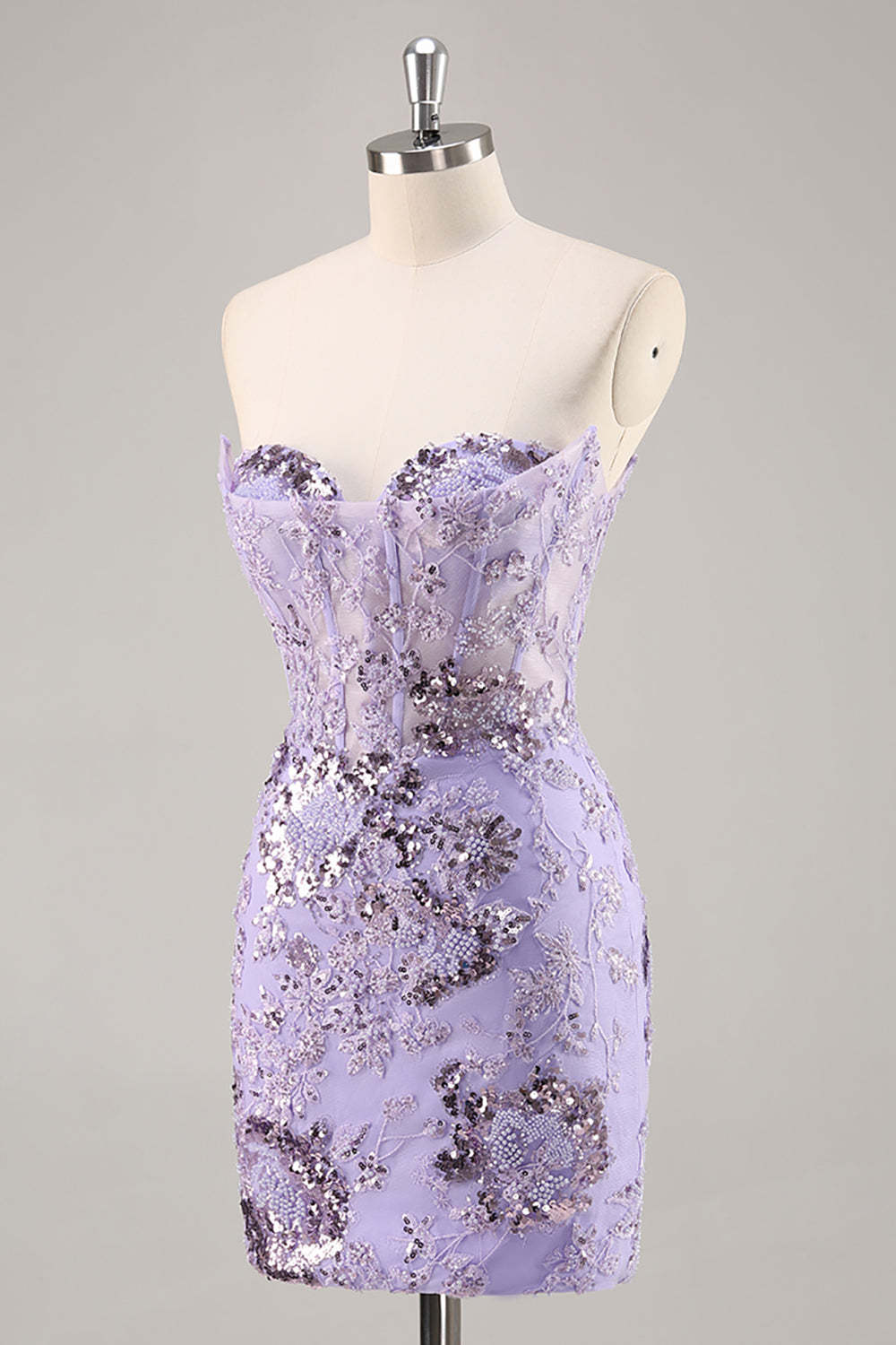Sparkly Purple Corset Sequin Floral Mini Homecoming Dress with Beading