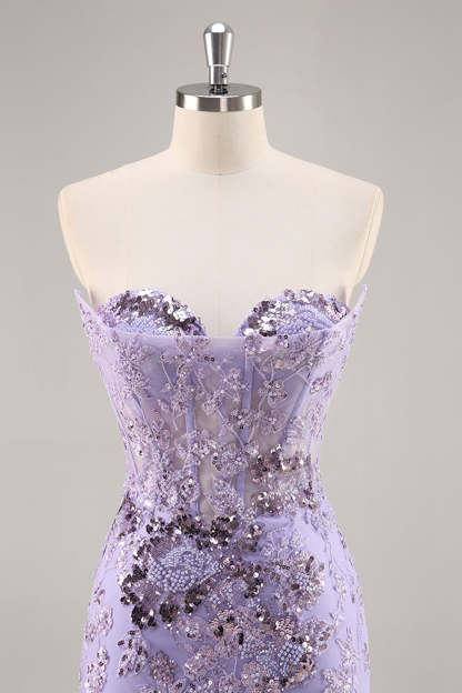 Sparkly Purple Corset Sequin Floral Mini Homecoming Dress with Beading