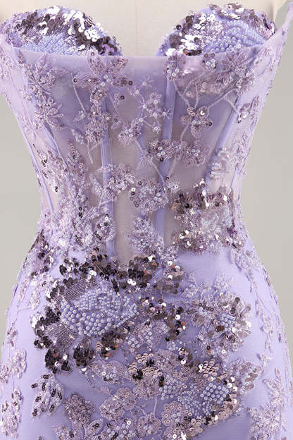 Sparkly Purple Corset Sequin Floral Mini Homecoming Dress with Beading