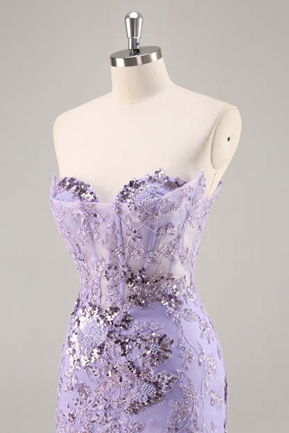 Sparkly Purple Corset Sequin Floral Mini Homecoming Dress with Beading