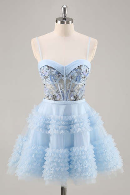 Leely Women Sparkly Blue Corset Floral Short Homecoming Dress with Beading A Line Ruffled Spaghetti Straps Cocktail Dress