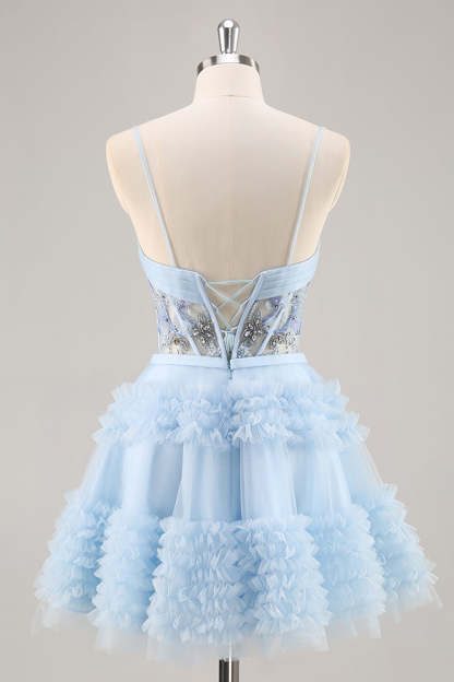 Sparkly Blue Corset Floral A Line Short Homecoming Dress with Beading