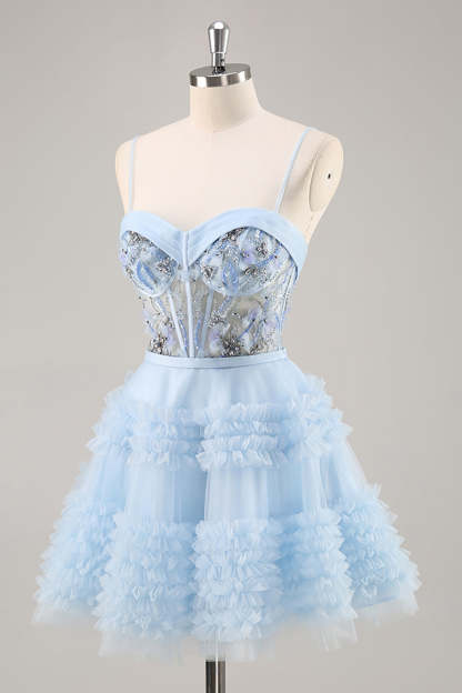Sparkly Blue Corset Floral A Line Short Homecoming Dress with Beading