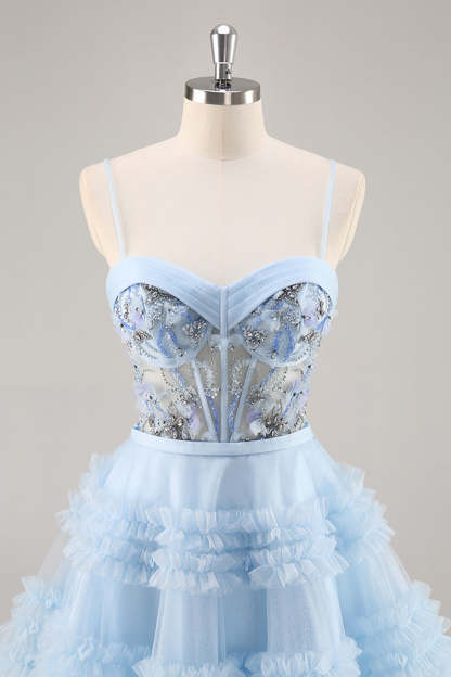 Sparkly Blue Corset Floral A Line Short Homecoming Dress with Beading