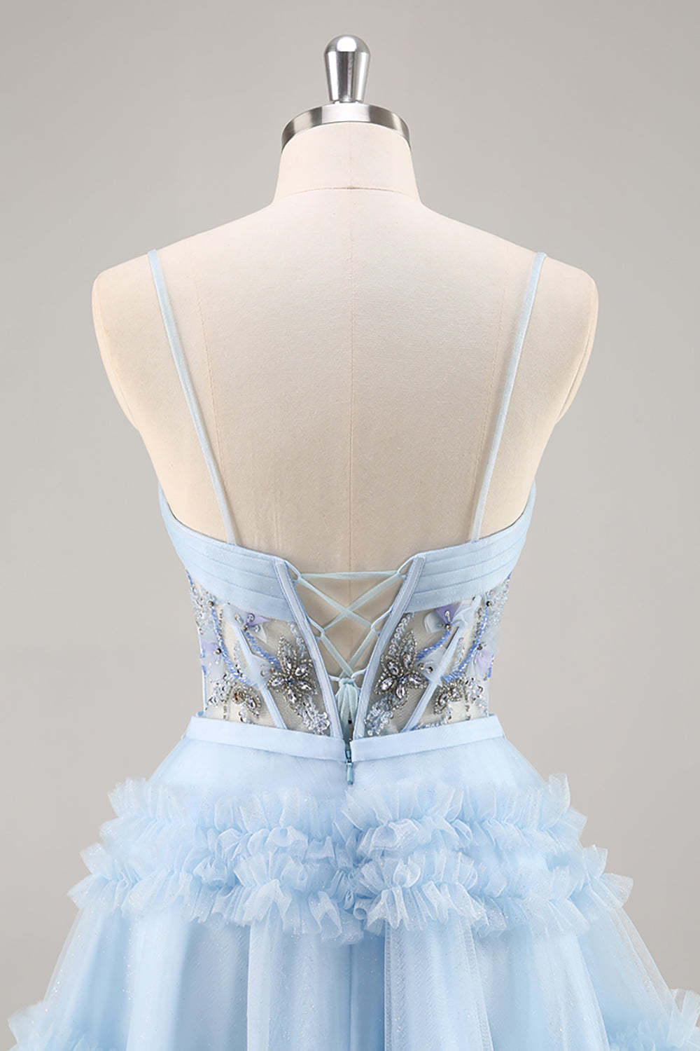 Sparkly Blue Corset Floral A Line Short Homecoming Dress with Beading