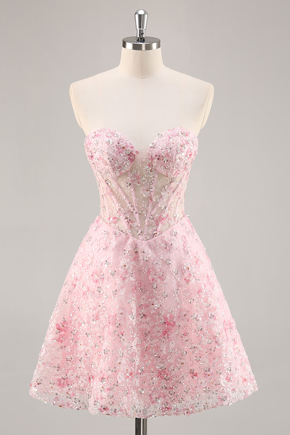 Sparkly Pink Corset Sweetheart Short Floral Homecoming Dress with Sequins