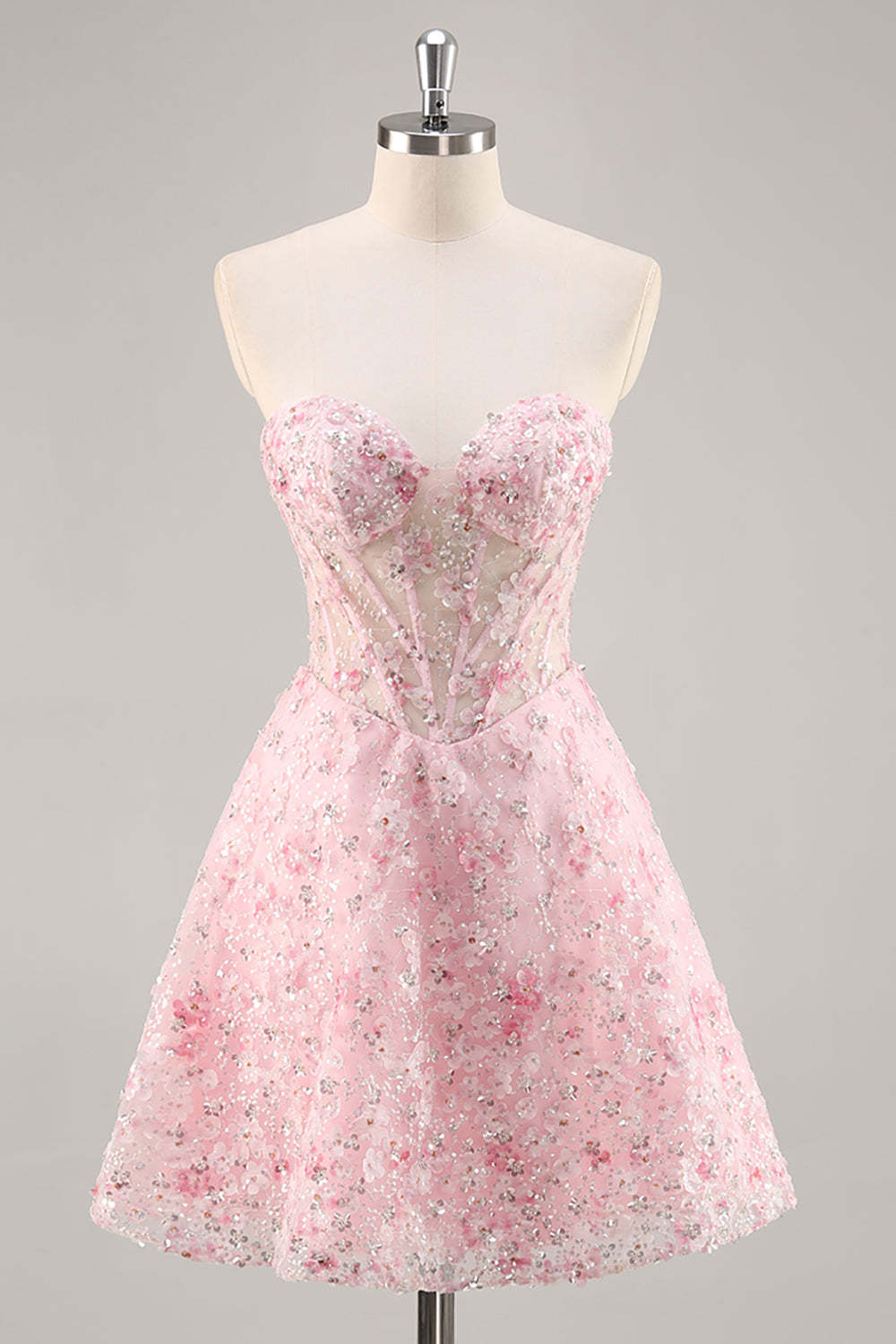 Sparkly Pink Corset Sweetheart Short Floral Homecoming Dress with Sequins