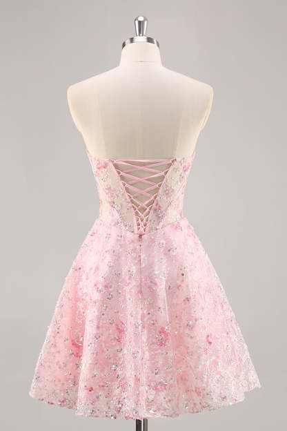 Sparkly Pink Corset Sweetheart Short Floral Homecoming Dress with Sequins