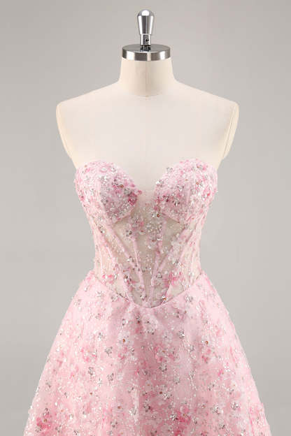 Sparkly Pink Corset Sweetheart Short Floral Homecoming Dress with Sequins