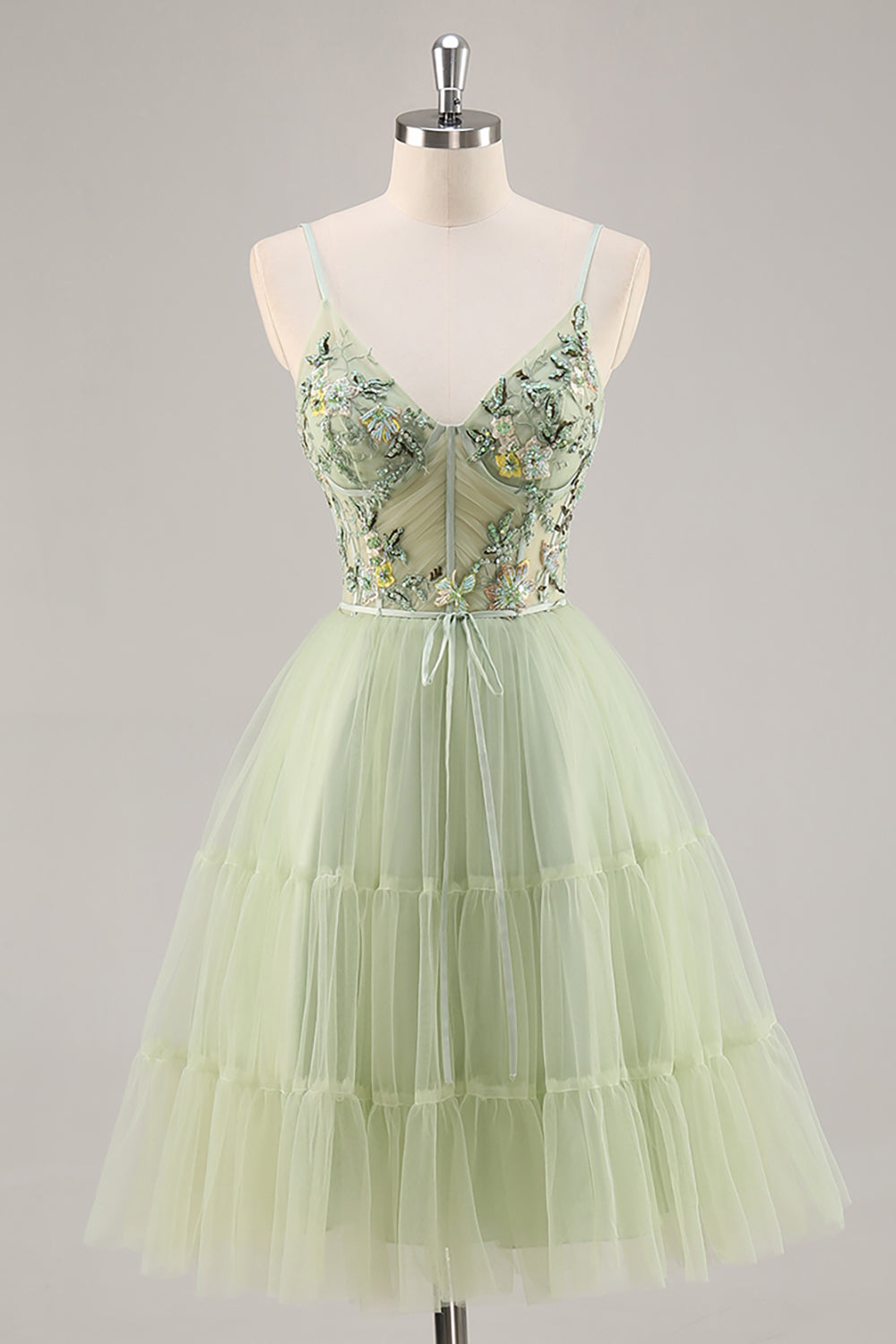 Green Floral Corset A Line Tulle Short Homecoming Dress with Appliques