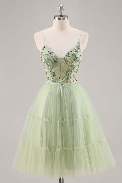 Green Floral Corset A Line Tulle Short Homecoming Dress with Appliques