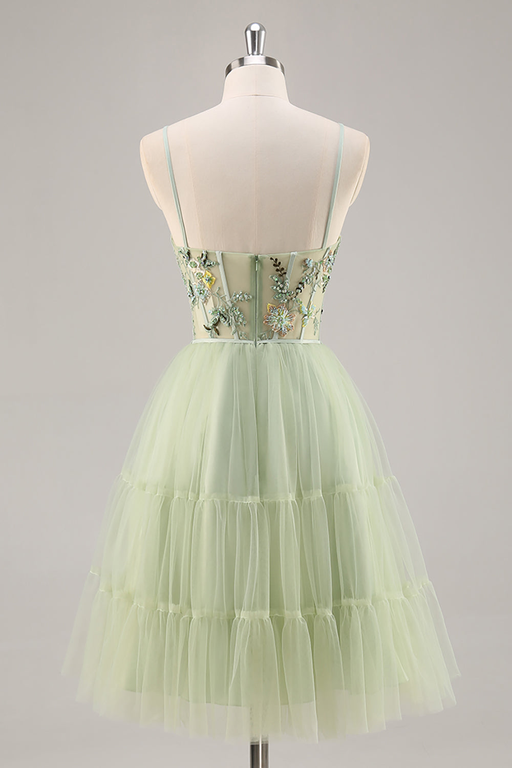 Green Floral Corset A Line Tulle Short Homecoming Dress with Appliques