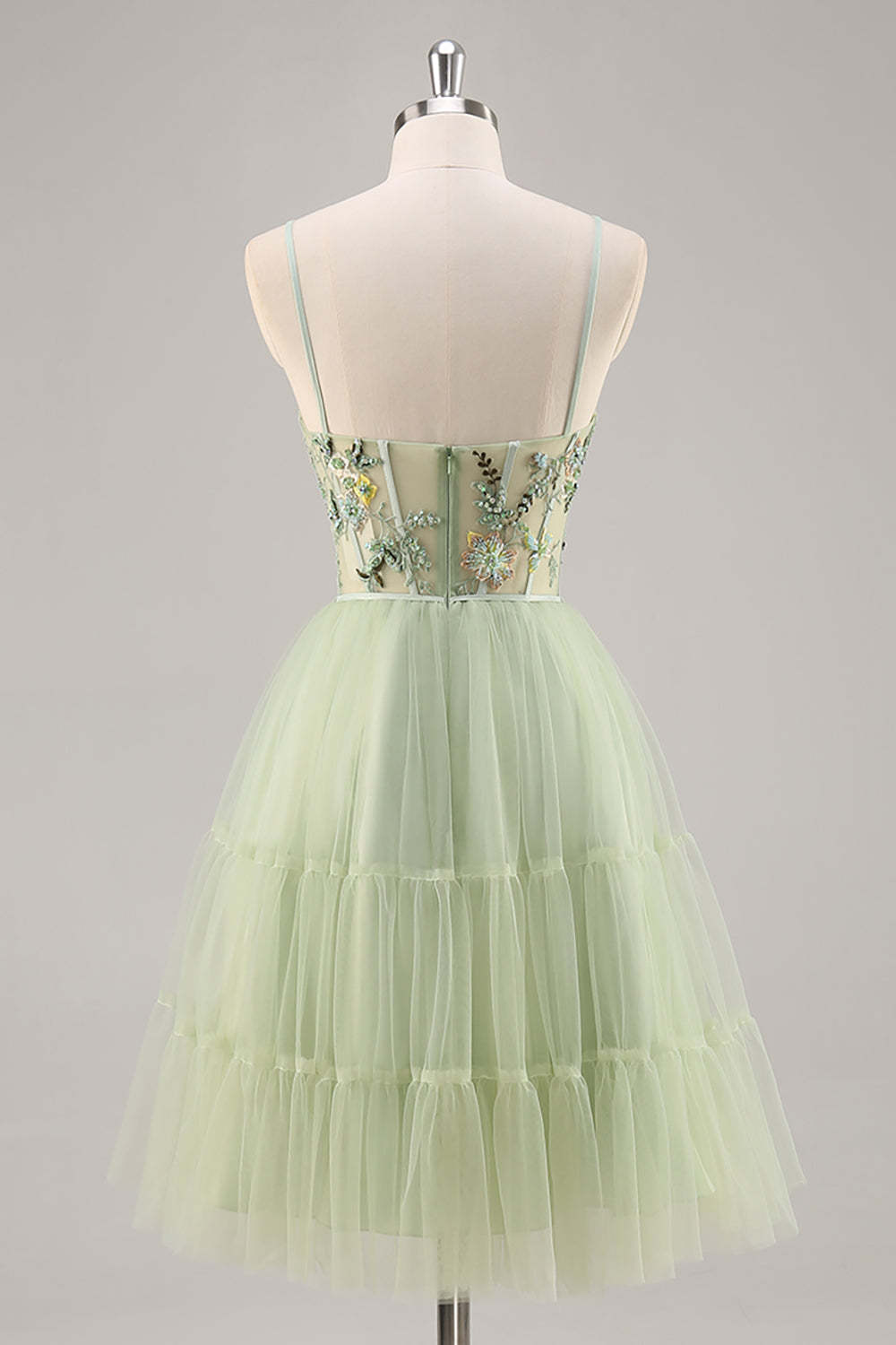 Green Floral Corset A Line Tulle Short Homecoming Dress with Appliques