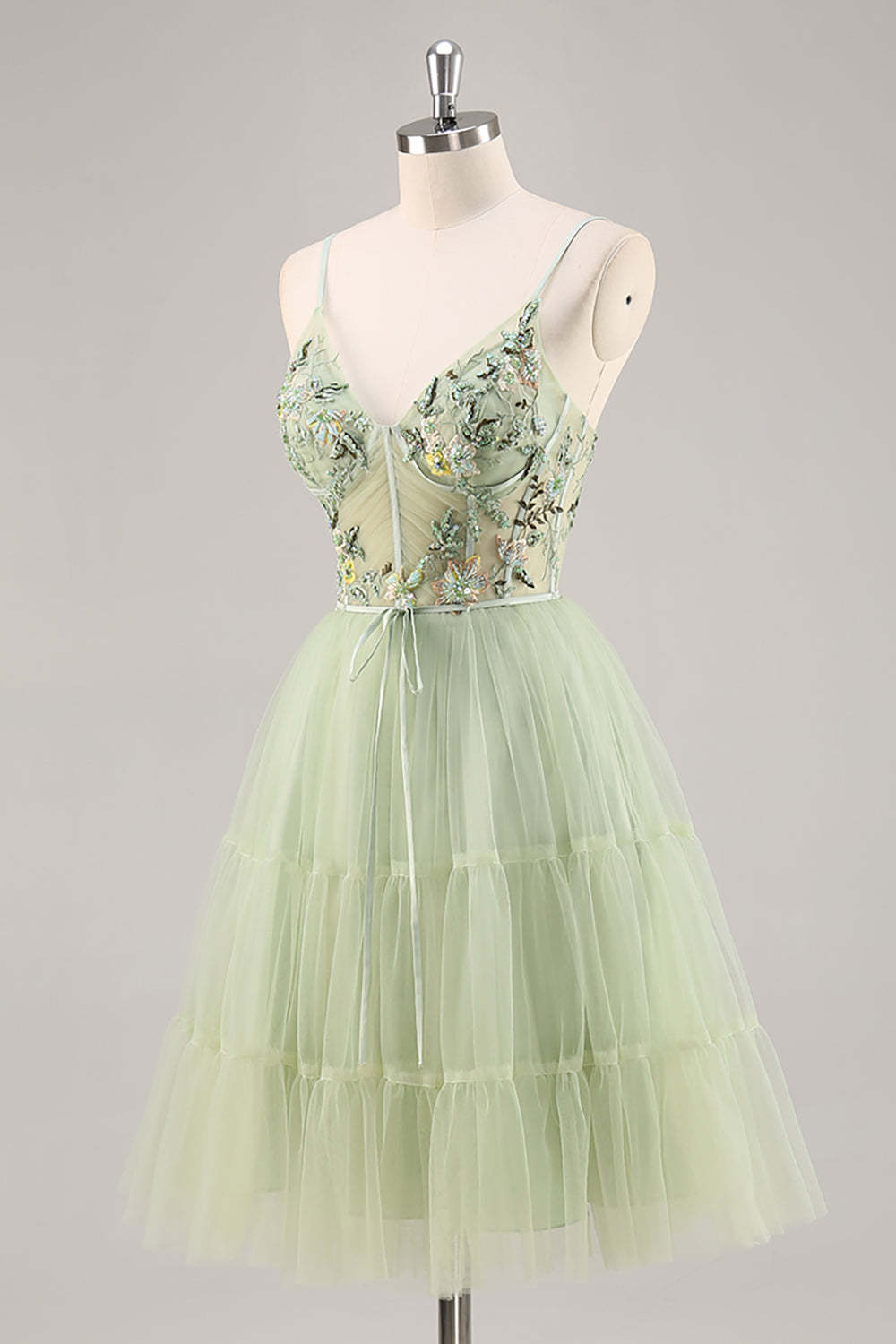Green Floral Corset A Line Tulle Short Homecoming Dress with Appliques