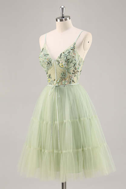 Green Floral Corset A Line Tulle Short Homecoming Dress with Appliques