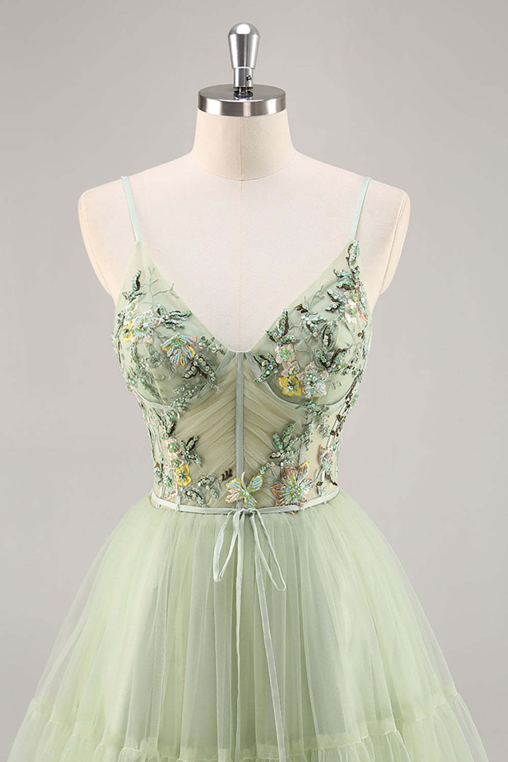 Green Floral Corset A Line Tulle Short Homecoming Dress with Appliques