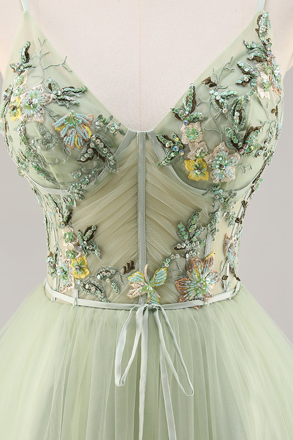Green Floral Corset A Line Tulle Short Homecoming Dress with Appliques