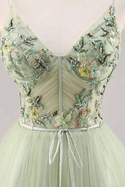 Green Floral Corset A Line Tulle Short Homecoming Dress with Appliques