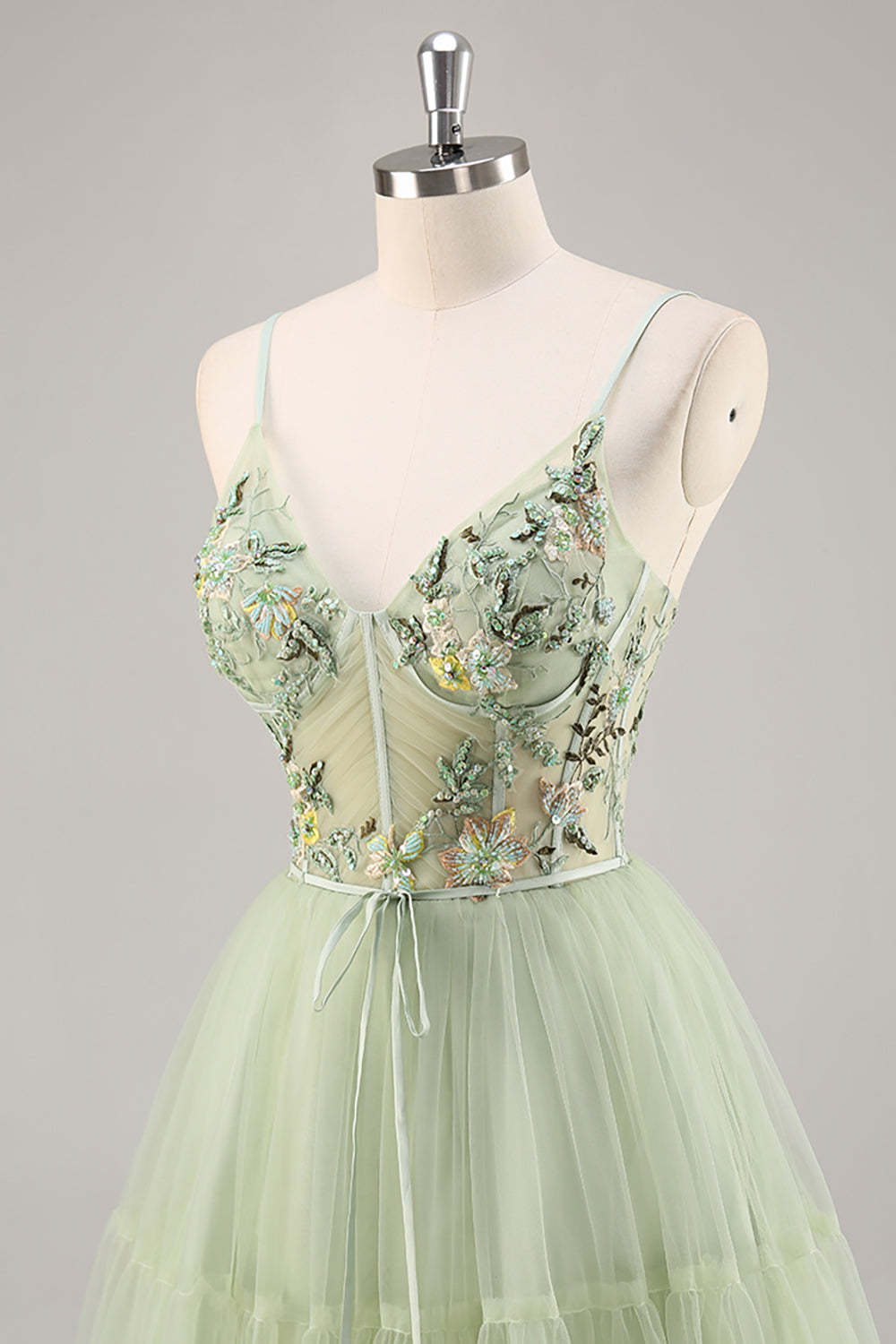 Green Floral Corset A Line Tulle Short Homecoming Dress with Appliques