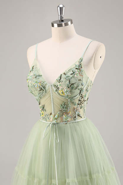 Green Floral Corset A Line Tulle Short Homecoming Dress with Appliques