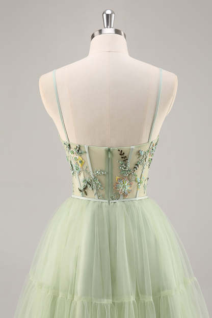 Green Floral Corset A Line Tulle Short Homecoming Dress with Appliques