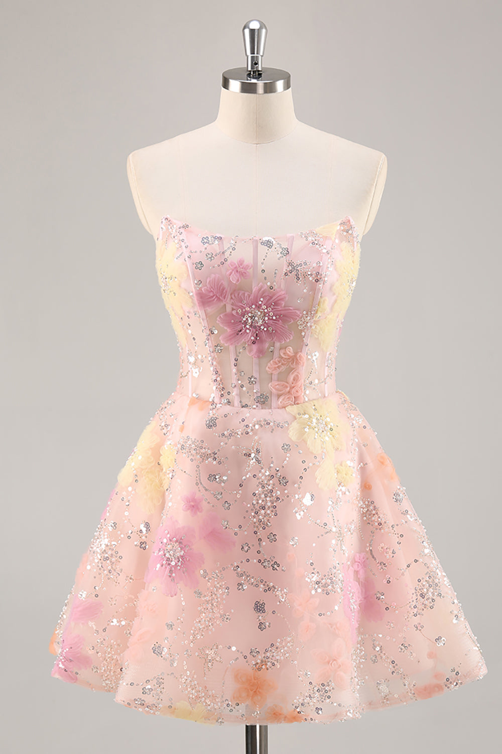 Sparkly Pink Corset Floral Sequins Short Homecoming Dress with Beading