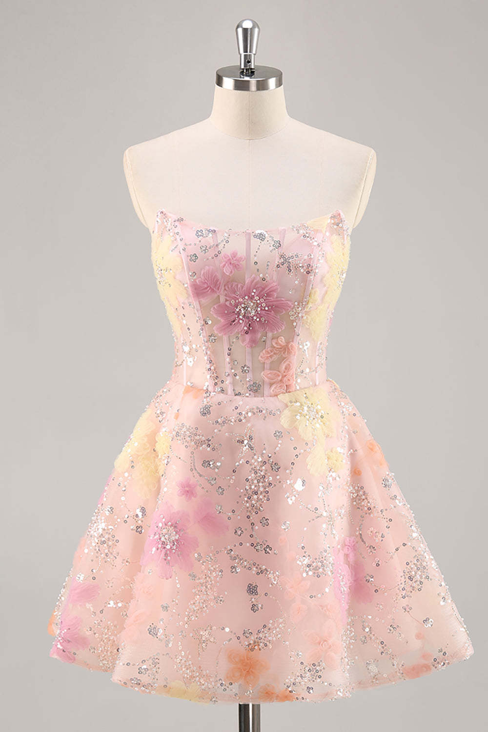 Sparkly Pink Corset Floral Sequins Short Homecoming Dress with Beading