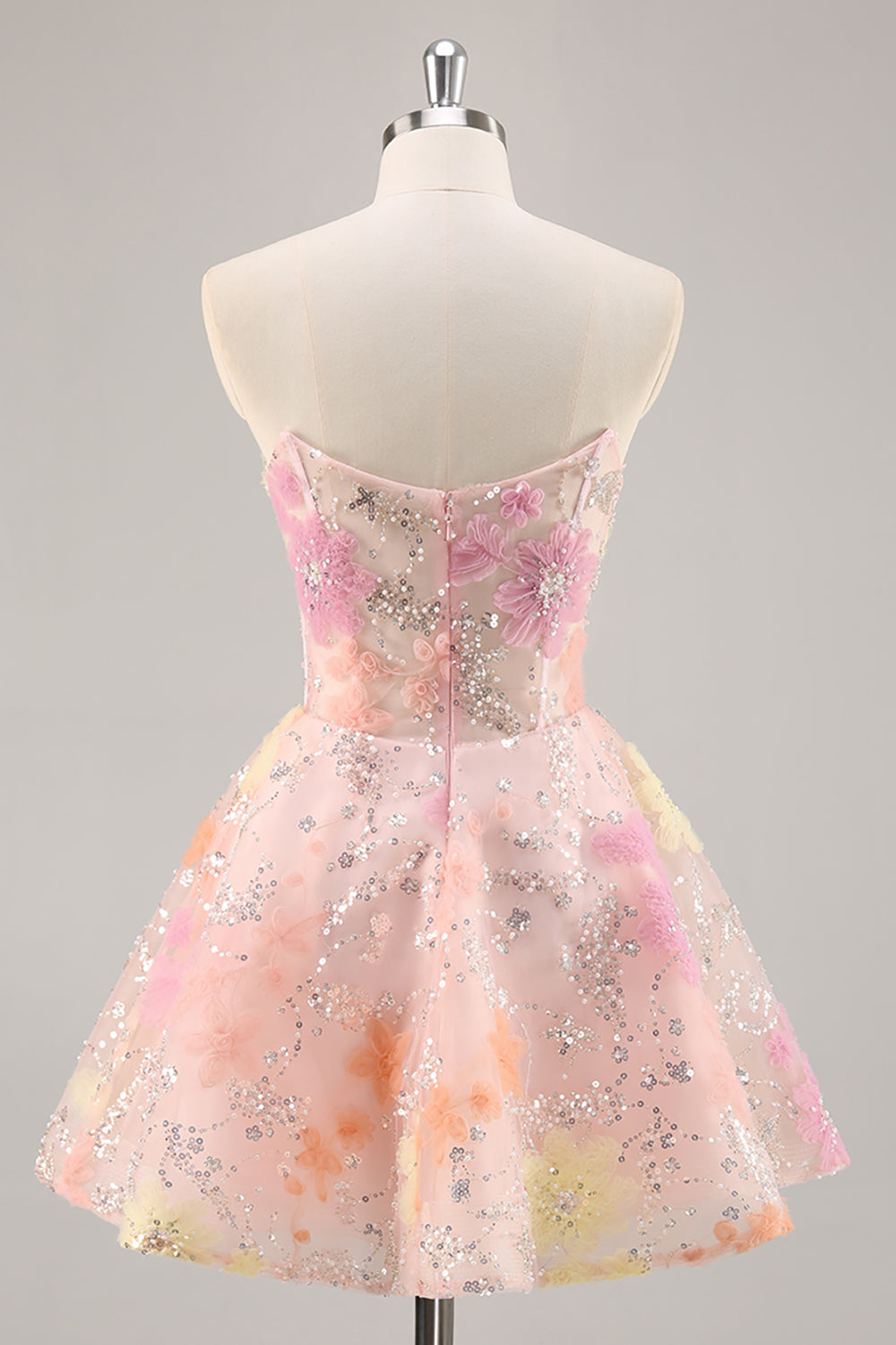Sparkly Pink Corset Floral Sequins Short Homecoming Dress with Beading