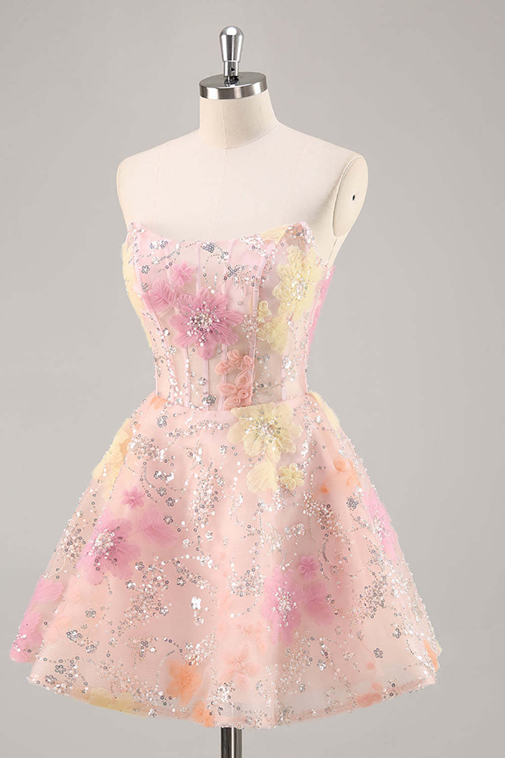 Sparkly Pink Corset Floral Sequins Short Homecoming Dress with Beading