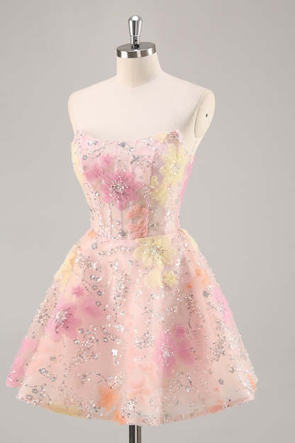 Sparkly Pink Corset Floral Sequins Short Homecoming Dress with Beading