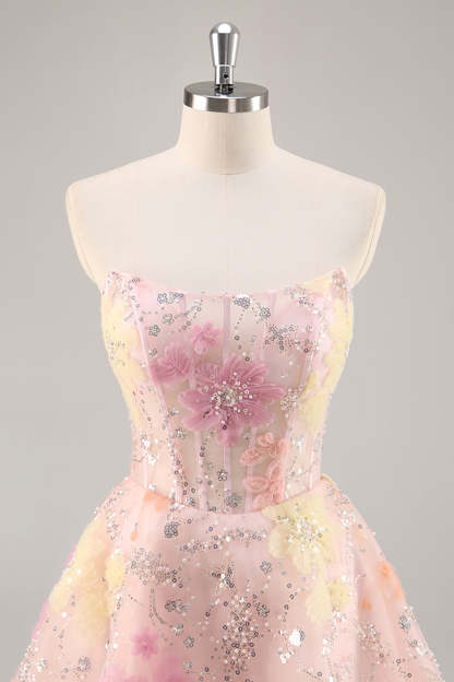 Sparkly Pink Corset Floral Sequins Short Homecoming Dress with Beading