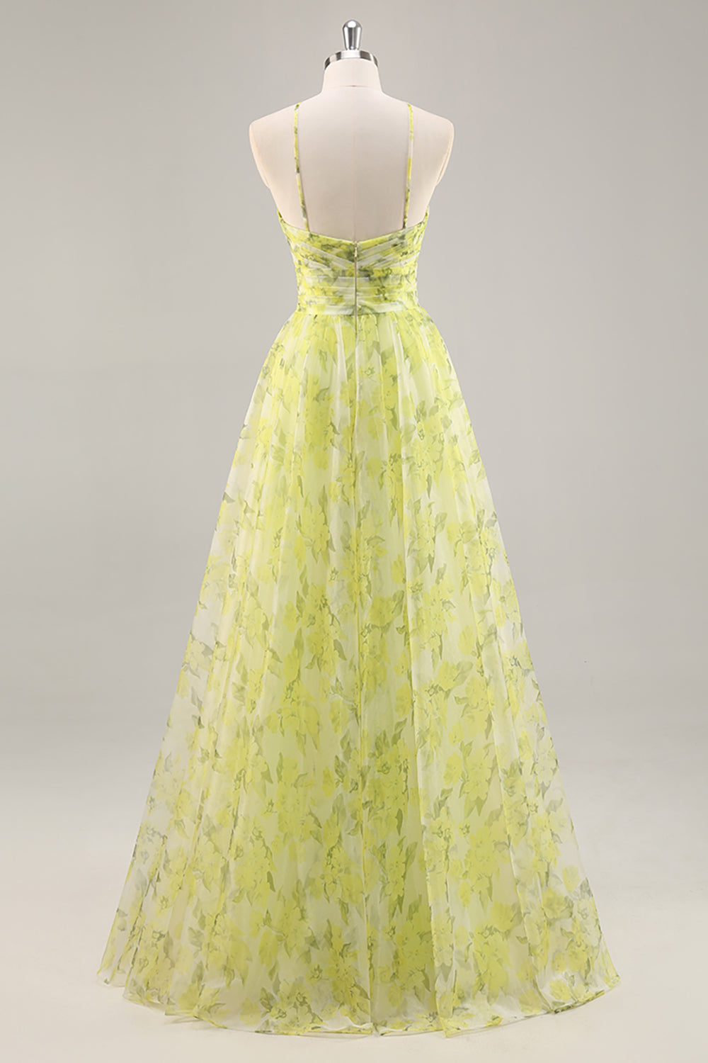 Yellow Green Floral Ruched Tulle Keyhole Maxi Prom Dress