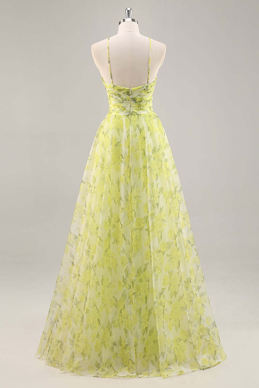 Yellow Green Floral Ruched Tulle Keyhole Maxi Prom Dress