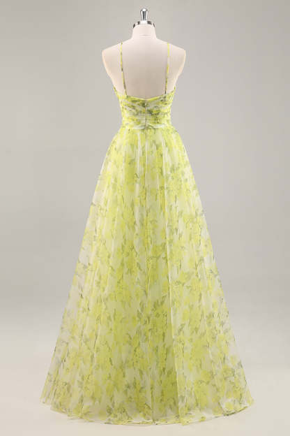 Yellow Green Floral Ruched Tulle Keyhole Maxi Prom Dress