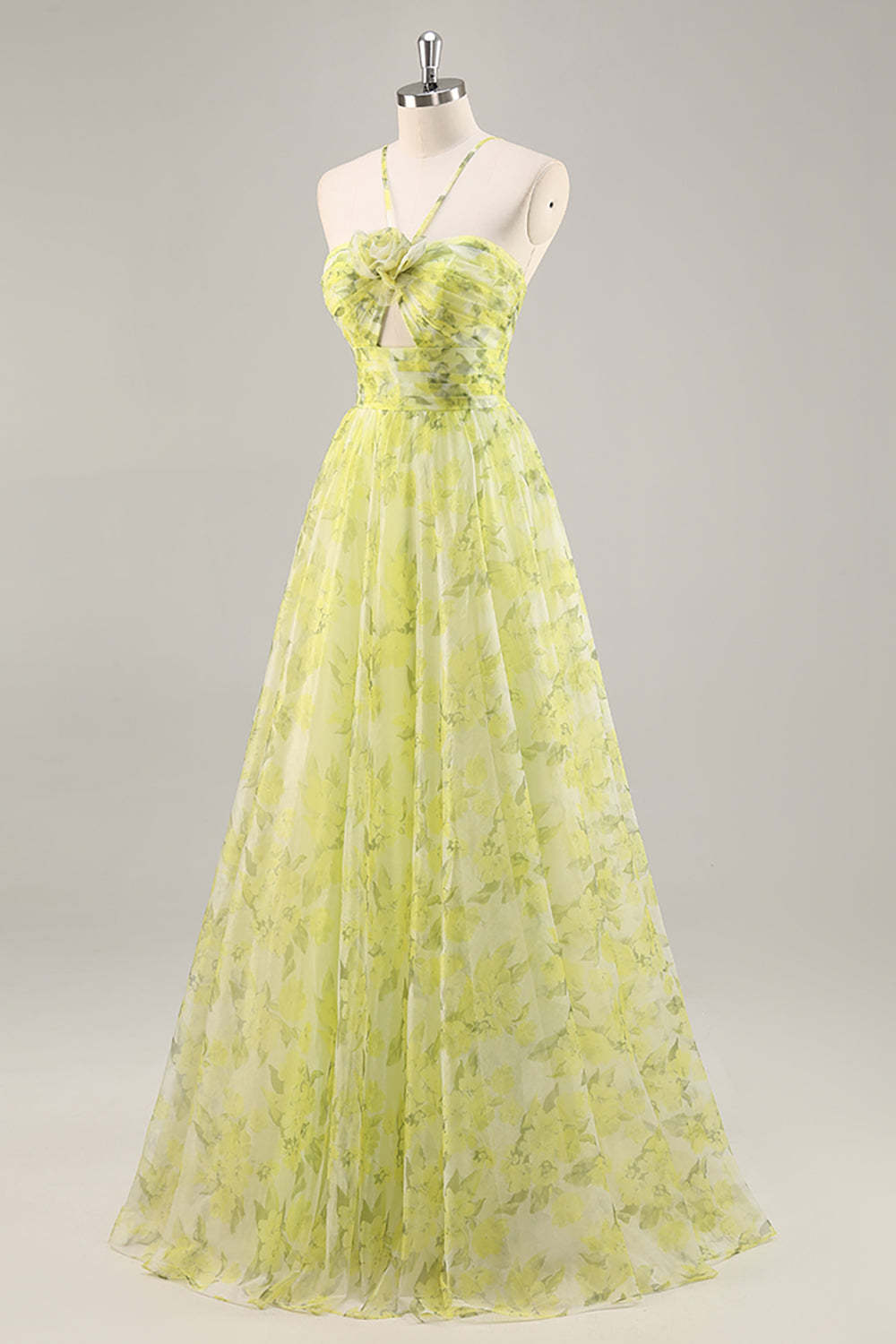 Yellow Green Floral Ruched Tulle Keyhole Maxi Prom Dress