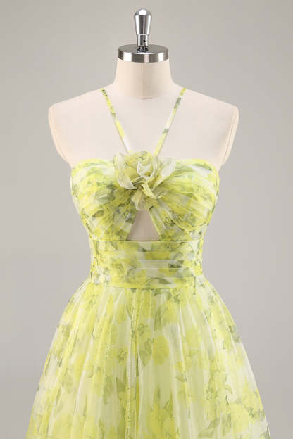 Yellow Green Floral Ruched Tulle Keyhole Maxi Prom Dress