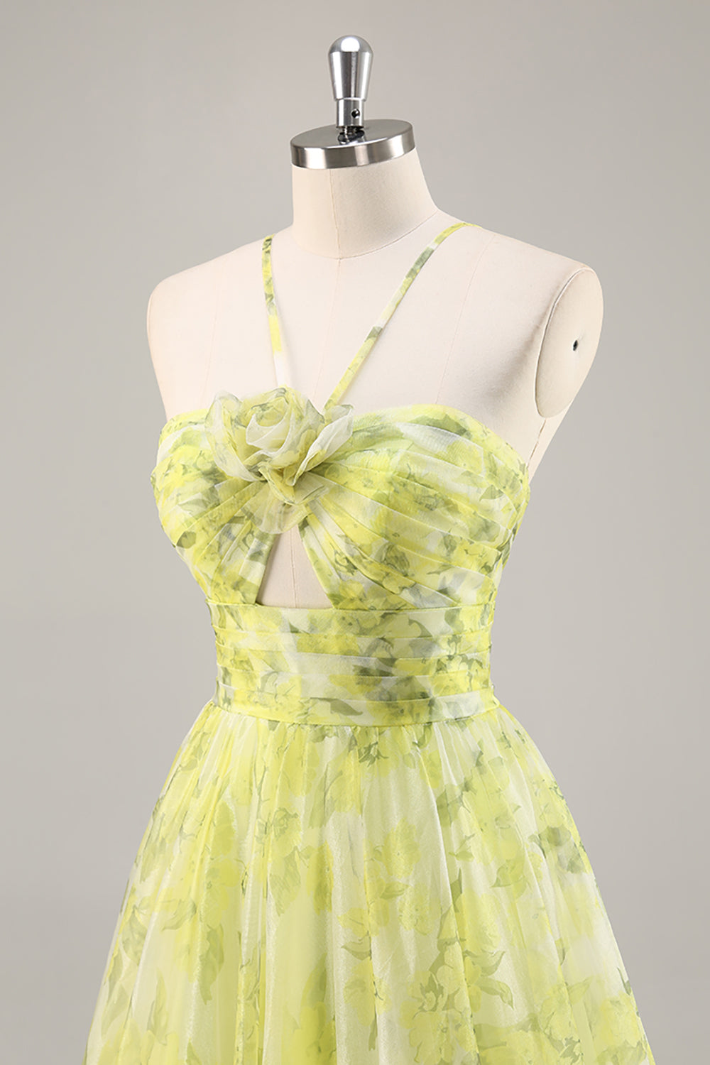 Yellow Green Floral Ruched Tulle Keyhole Maxi Prom Dress