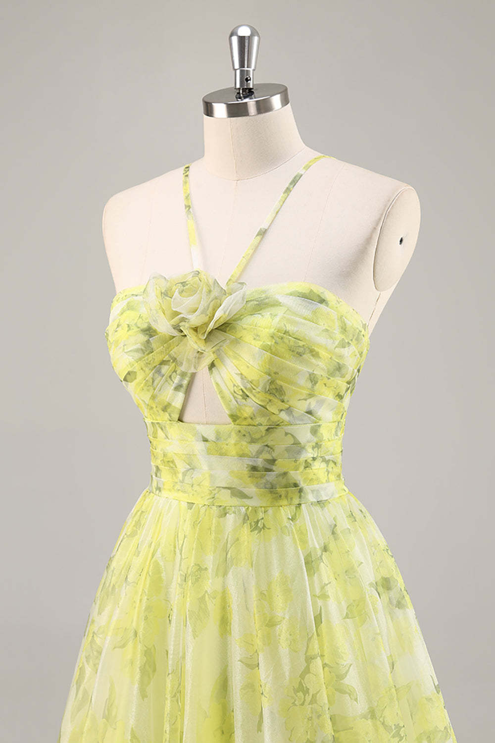 Yellow Green Floral Ruched Tulle Keyhole Maxi Prom Dress