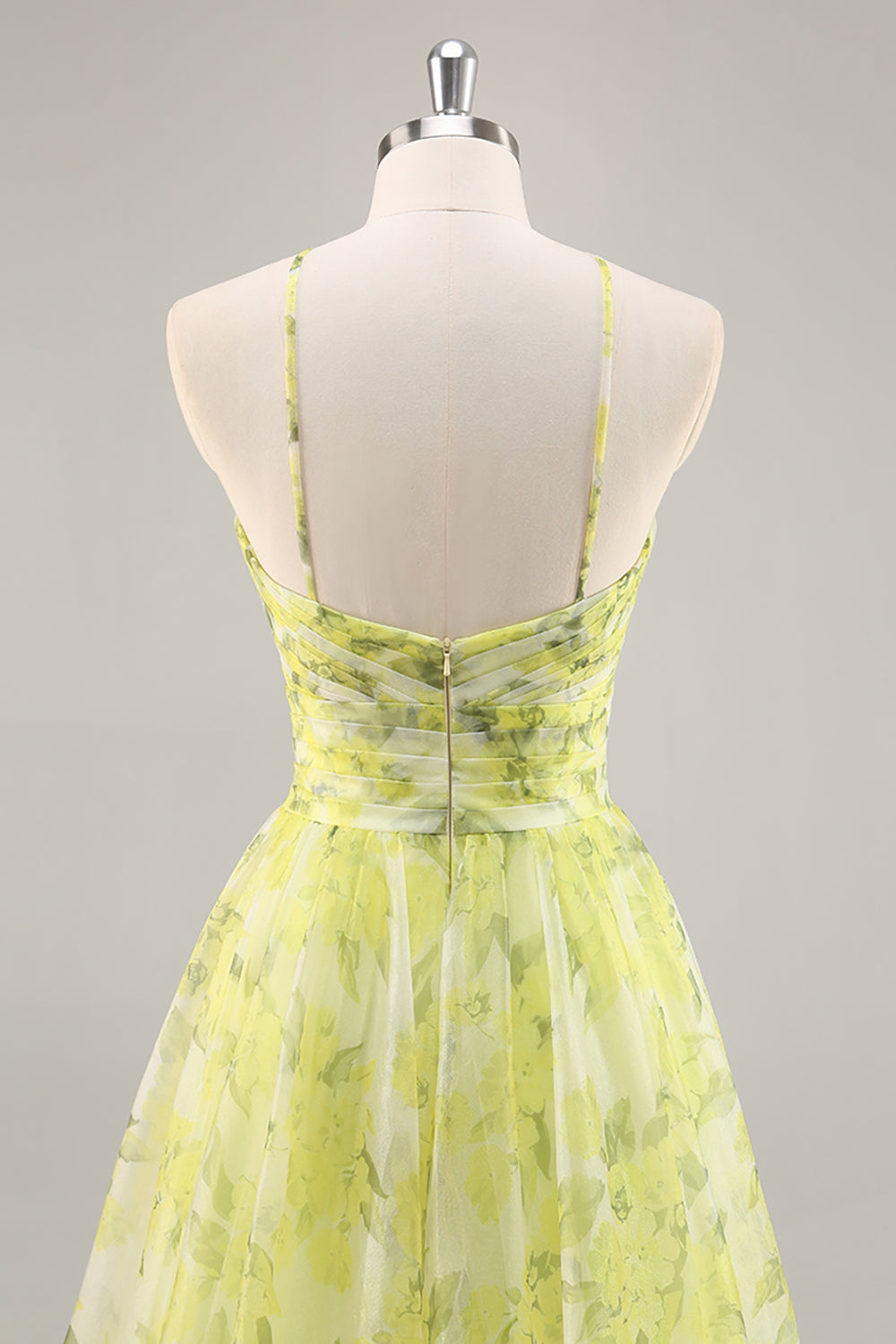 Yellow Green Floral Ruched Tulle Keyhole Maxi Prom Dress