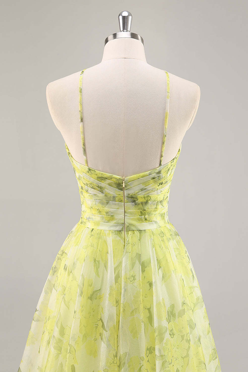 Yellow Green Floral Ruched Tulle Keyhole Maxi Prom Dress