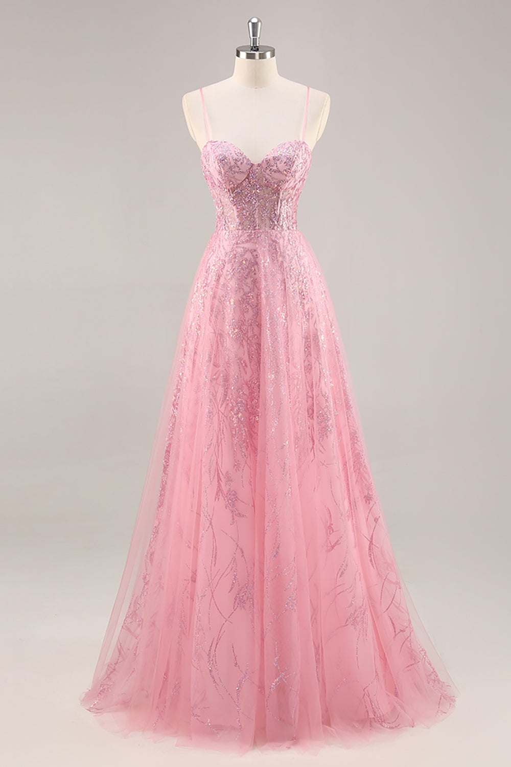 Sparkly Pink Corset Tulle A Line Maxi Prom Dress with Sequins