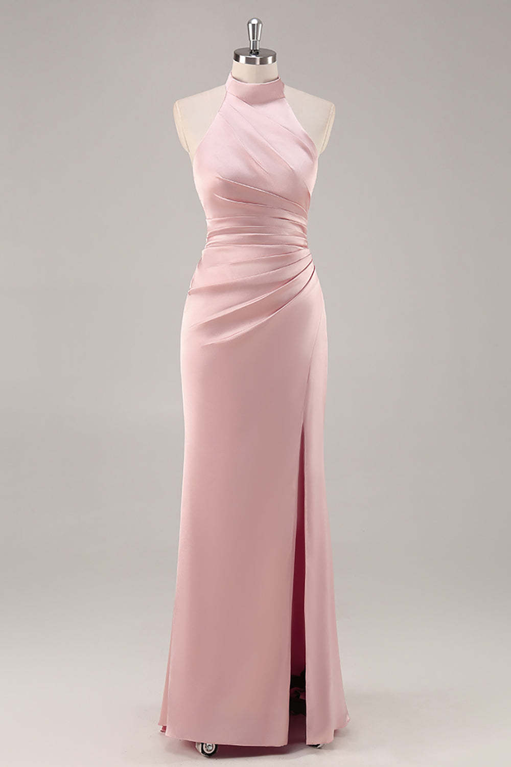Satin Mermaid Blush Halter Ruched Maxi Bridesmaid Dress with Slit