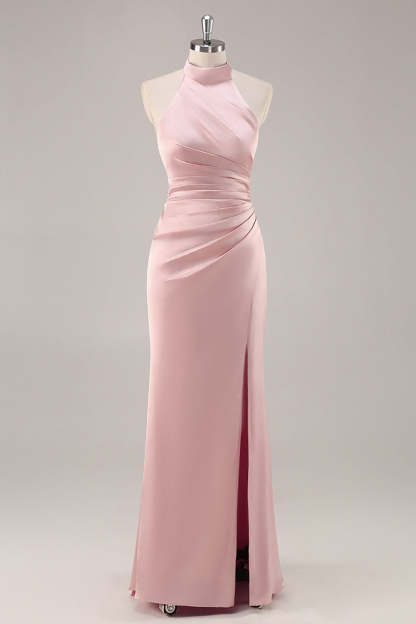 Satin Mermaid Blush Halter Ruched Maxi Bridesmaid Dress with Slit