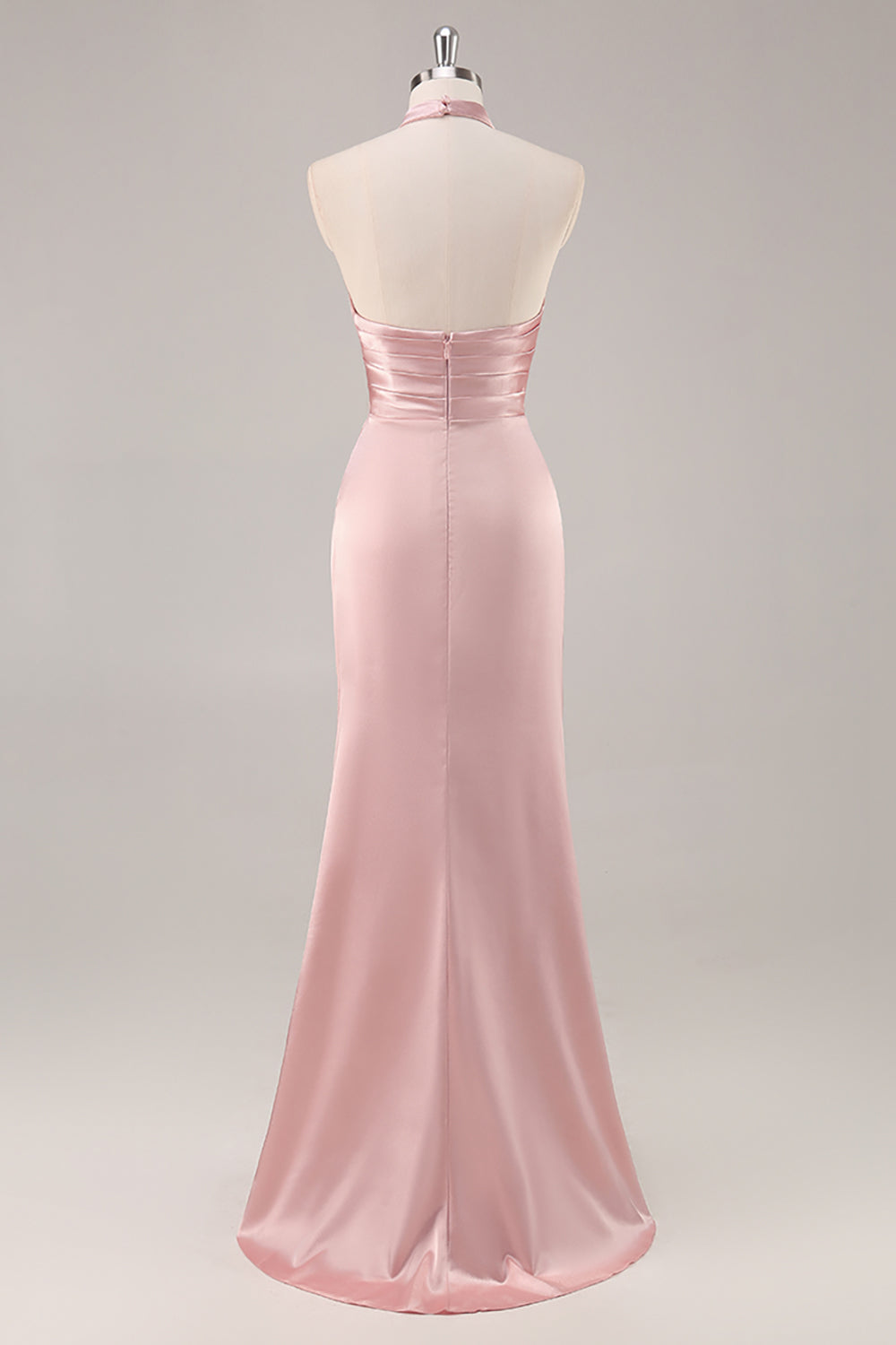 Satin Mermaid Blush Halter Ruched Maxi Bridesmaid Dress with Slit
