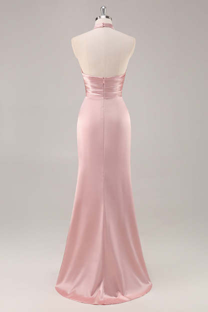 Satin Mermaid Blush Halter Ruched Maxi Bridesmaid Dress with Slit