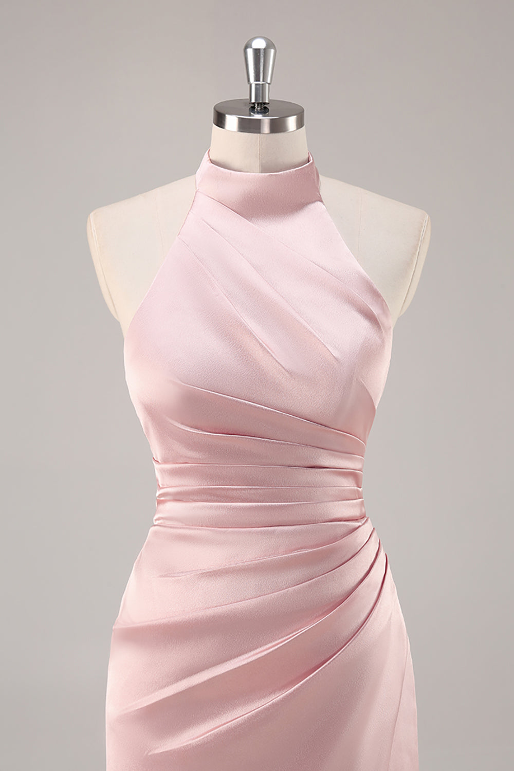 Satin Mermaid Blush Halter Ruched Maxi Bridesmaid Dress with Slit