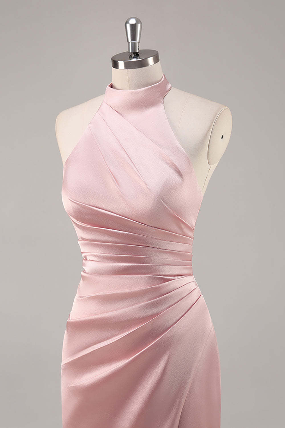 Satin Mermaid Blush Halter Ruched Maxi Bridesmaid Dress with Slit