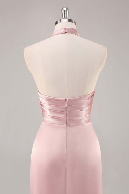Satin Mermaid Blush Halter Ruched Maxi Bridesmaid Dress with Slit